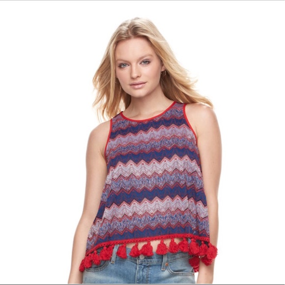 WD.NY Tops - Red White Blue Tie Back Stitched Pom Top